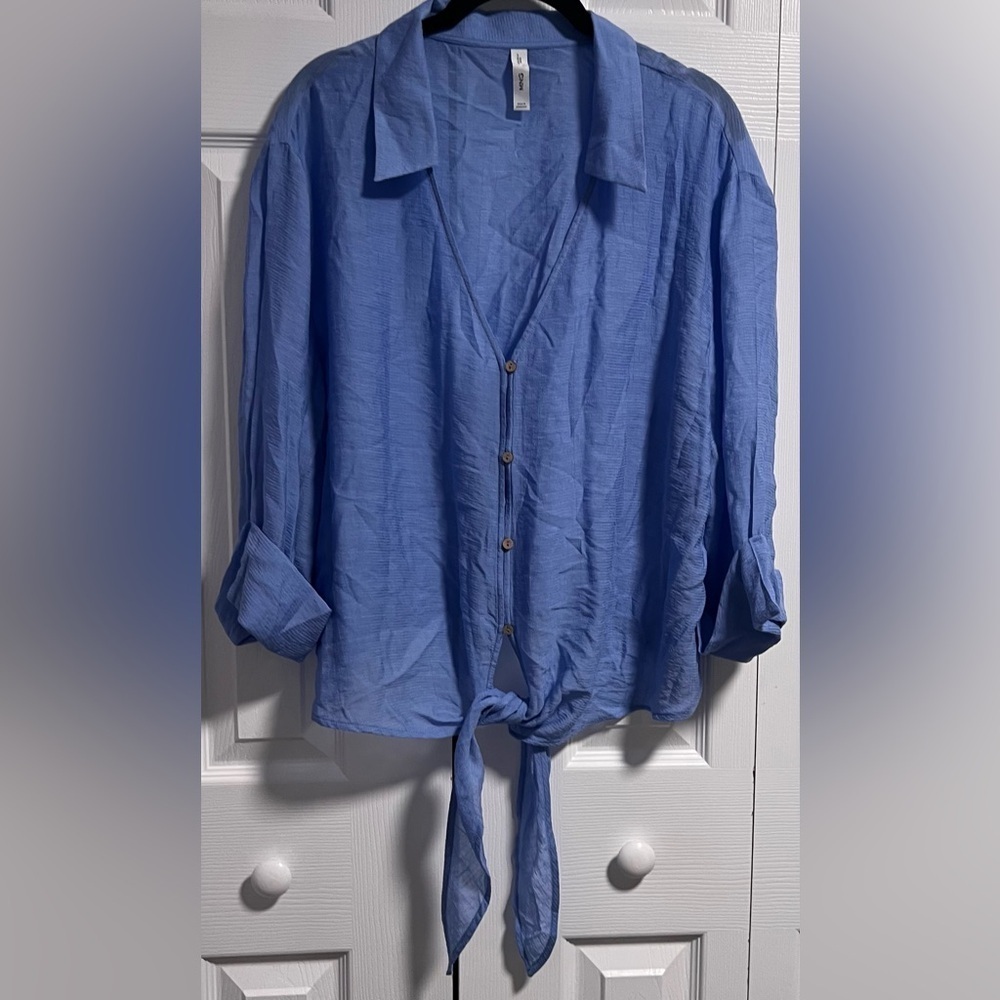 MNG Blue Collared Button Down Tie Bottom Blouse (Holly's Personal Collection)